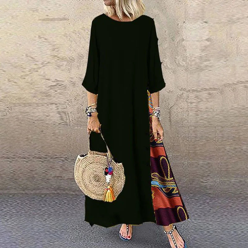 Vintage Print Maxi Dress – Elegant O-Neck Mid Sleeve Streetwear Style