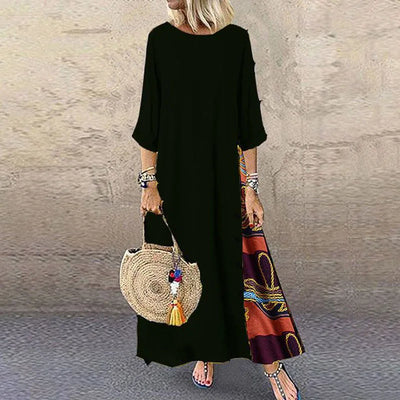 Vintage Print Maxi Dress – Elegant O-Neck Mid Sleeve Streetwear Style