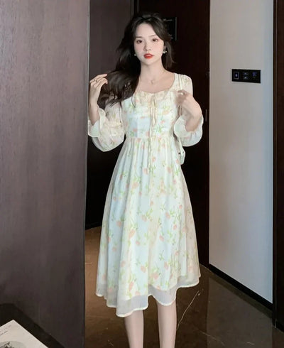 Chiffon Splice Midi Dress – Loose Fit Korean Style 2025