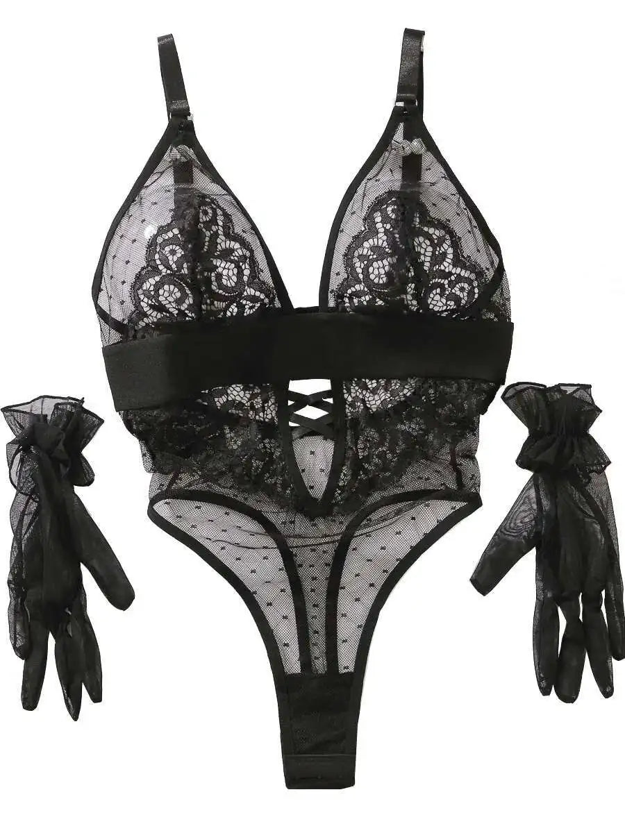 Polka Dot Lace Mesh Bodysuit