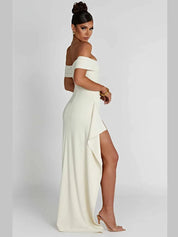 Off-shoulder Ruffled Thigh Split Maxi Dress