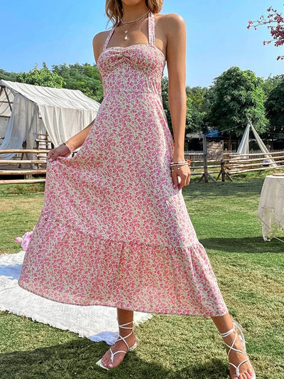 Green Floral Backless Ruffle Midi Dress – Summer 2024