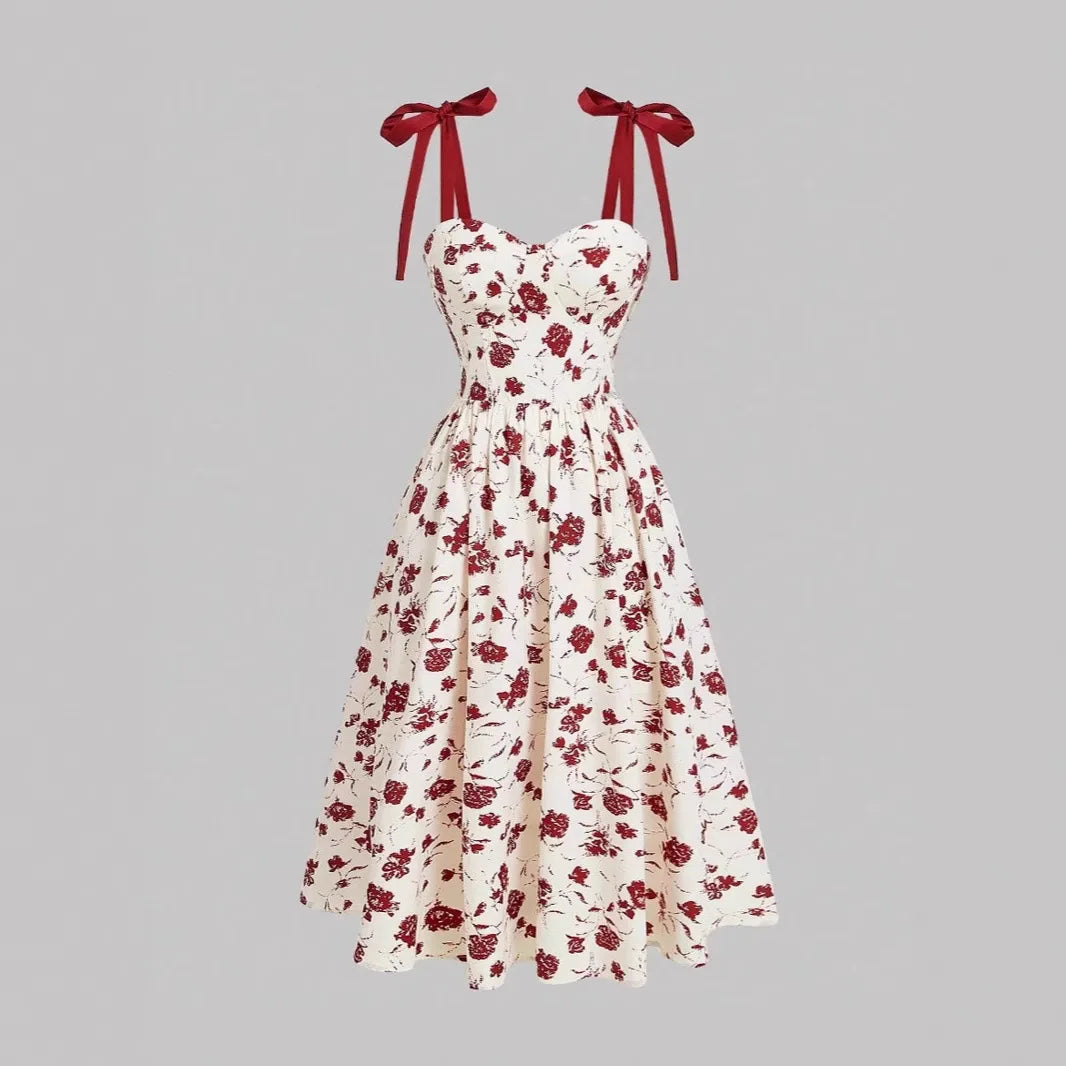 Floral Lace-Up Maxi Dress – Vintage Shoulder Strap Style for Summer