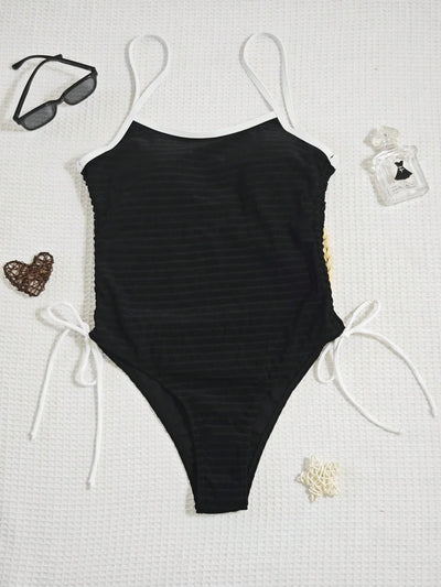 Black One-Piece Swimsuit – Tummy Control & Backless Tie