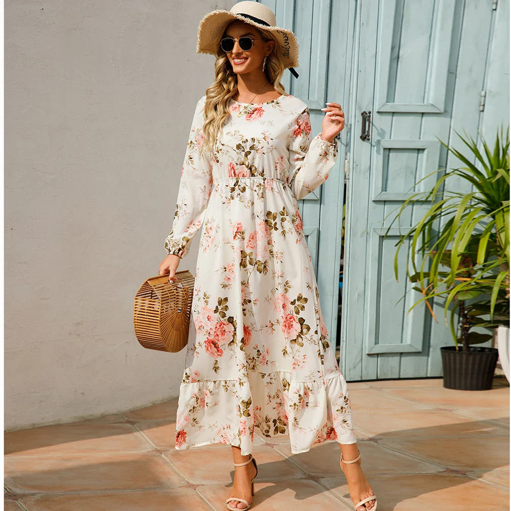 Bohemian Floral Maxi Dress – High Waist Chiffon Look