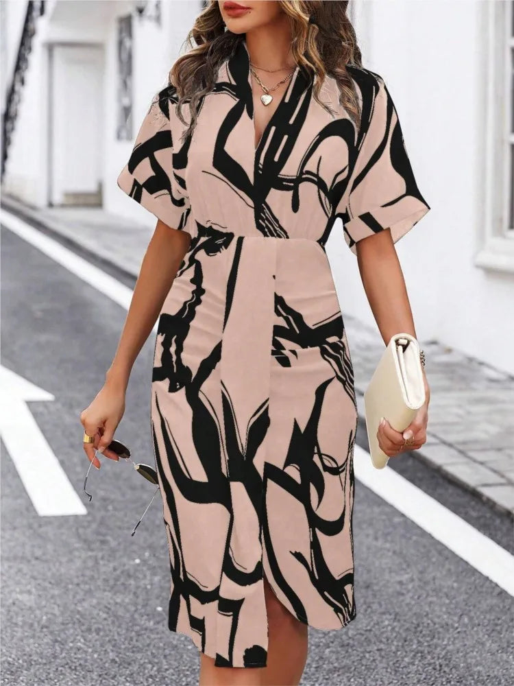 Printed V-Neck Split Dress – High Waist Pullover Style for Summer