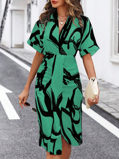 Printed V-Neck Split Dress – High Waist Pullover Style for Summer