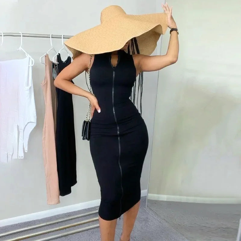 Sleeveless Black Bodycon Dress – Zipper Streetwear Summer Style