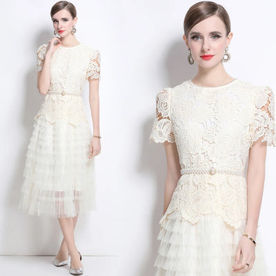 Luxury Lace Embroidered Midi Dress – A-Line Party Style 2025