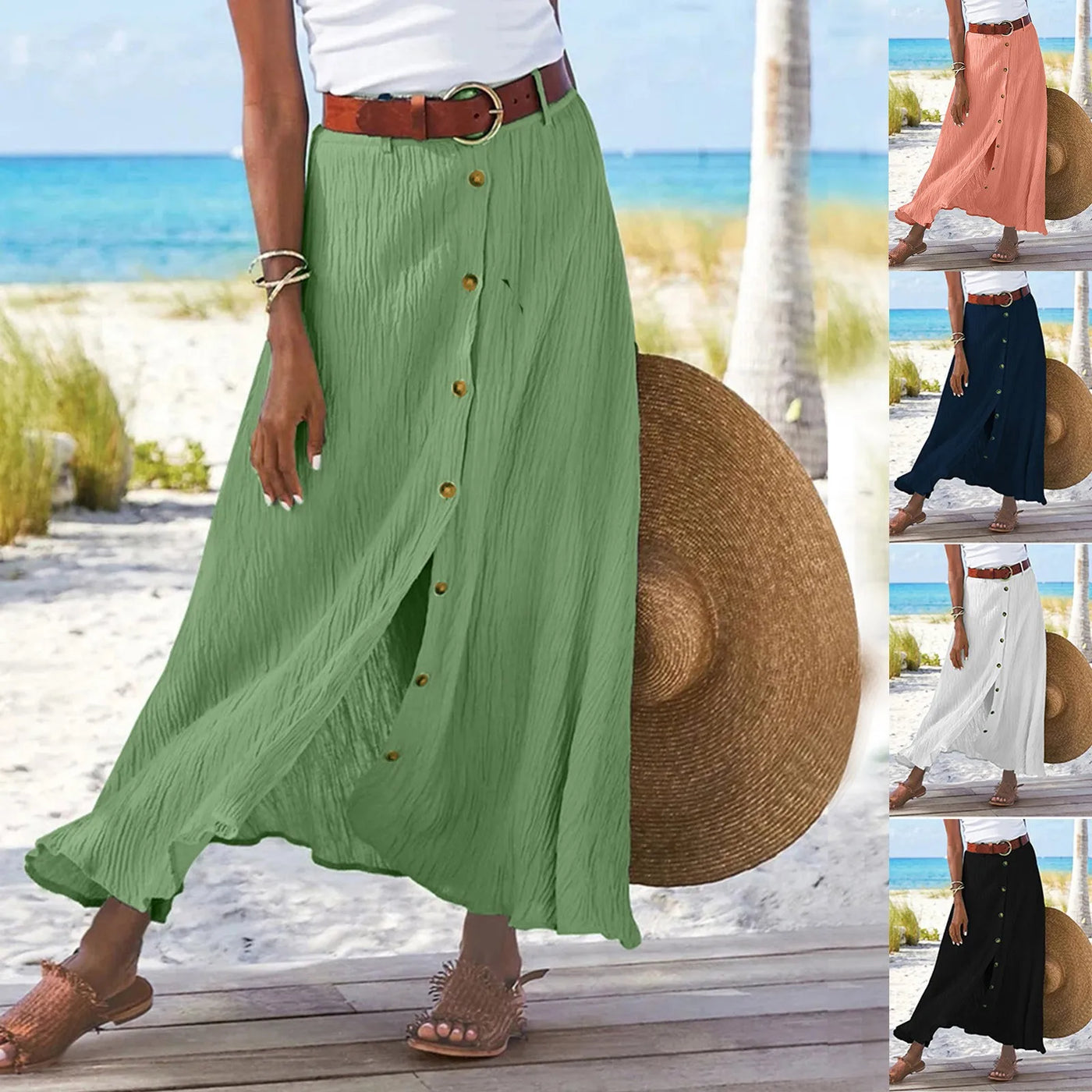 Boho High Waist Button Midi Skirt – Daily & Beach Wear
