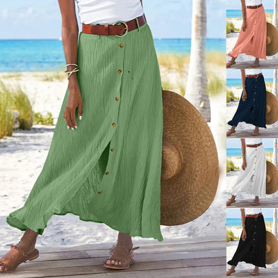Boho High Waist Button Midi Skirt – Daily & Beach Wear