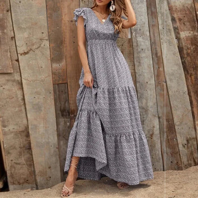 Printed V-Neck Split Dress – Summer High Waist Style