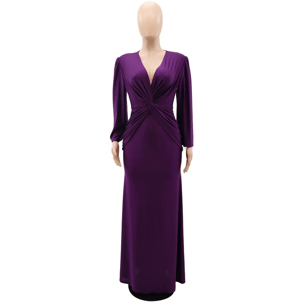 Elegant V-Neck Maxi Dress – Autumn A-Line Party Style