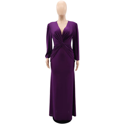 Elegant V-Neck Maxi Dress – Autumn A-Line Party Style