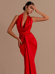 Red Sleeveless Halter Maxi Long Dress