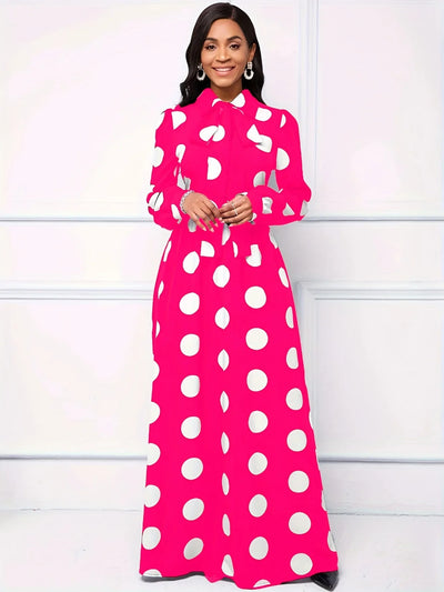 Polka Dot Maxi Dress – Elegant Bow Tie Casual Style