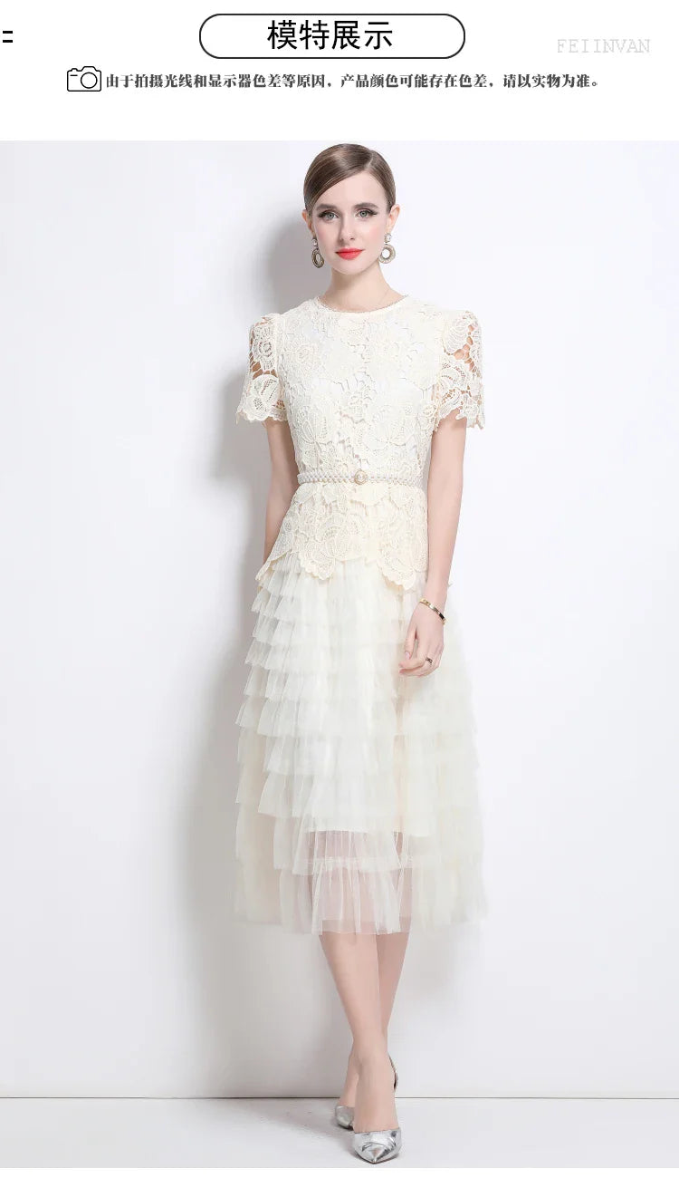 Luxury Lace Embroidered Midi Dress – A-Line Party Style 2025