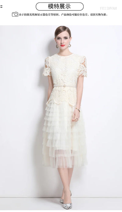 Luxury Lace Embroidered Midi Dress – A-Line Party Style 2025