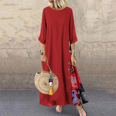 Vintage Print Maxi Dress – Elegant O-Neck Mid Sleeve Streetwear Style