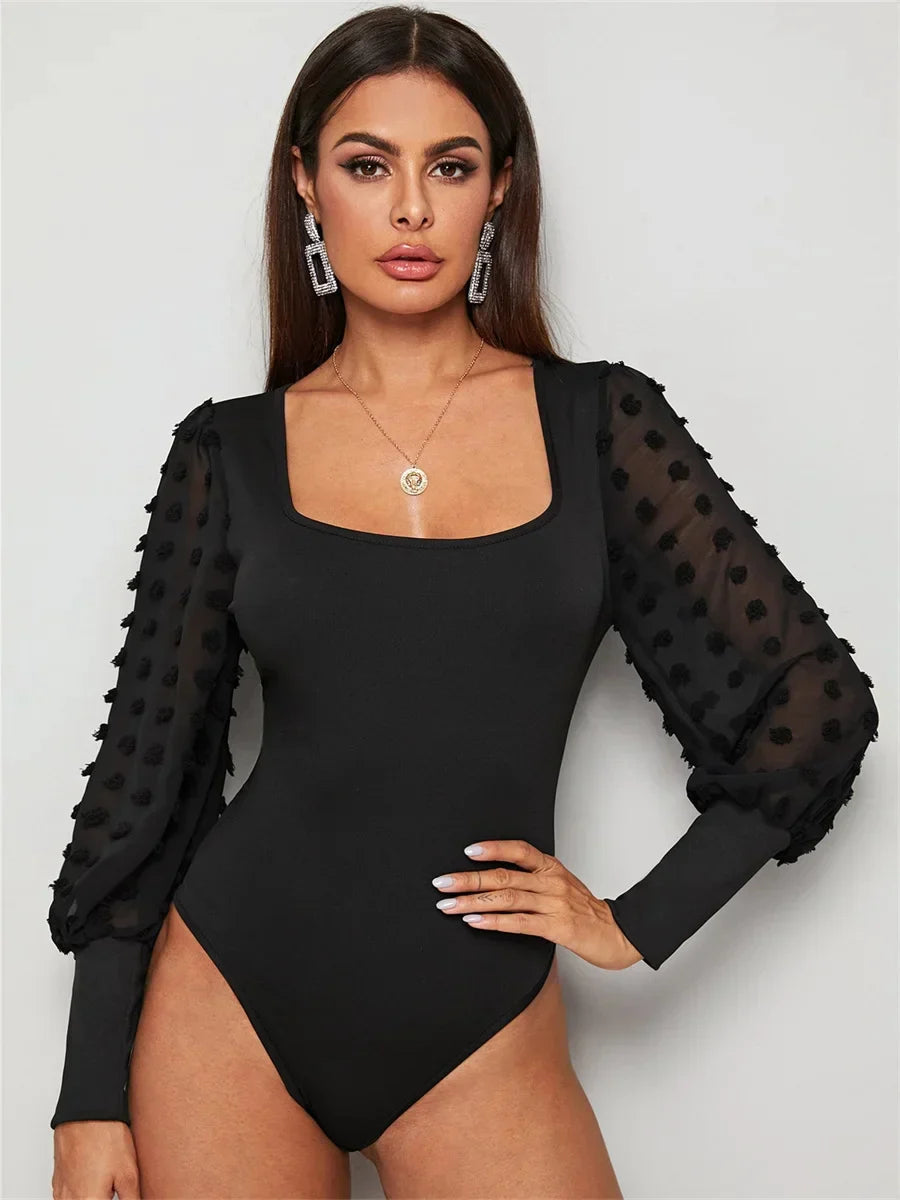 Square Neck Bandage Bodysuit – Slim Fit Long Sleeve