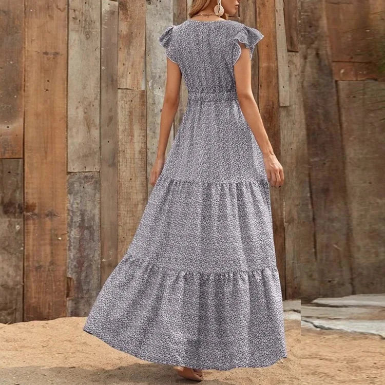 Printed V-Neck Split Dress – Summer High Waist Style