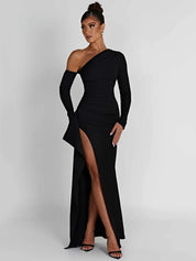 Oblique Shoulder Thigh High Split Maxi Dress