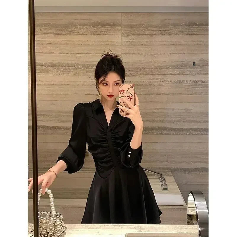 Elegant Long Sleeve Midi Dress – Korean Party Style