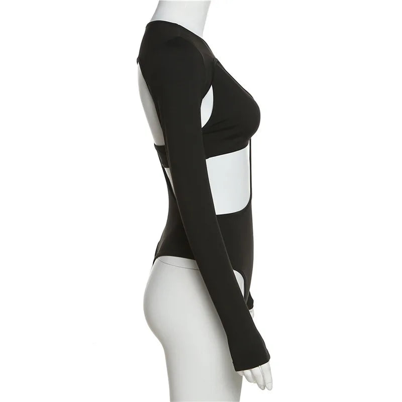 Cut-Out Bodysuit – Sexy Long Sleeve Skinny Fit in Black