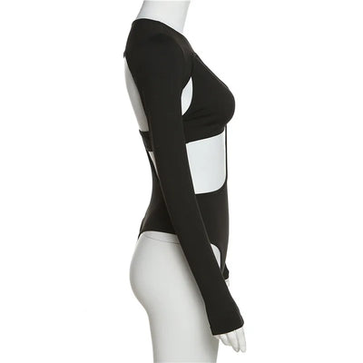 Cut-Out Bodysuit – Sexy Long Sleeve Skinny Fit in Black