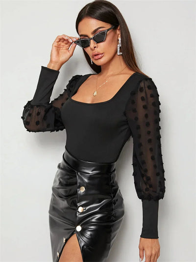 Square Neck Bandage Bodysuit – Slim Fit Long Sleeve