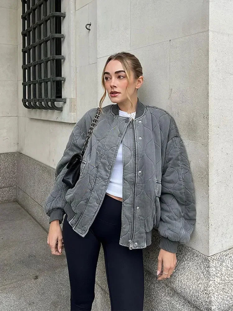 Quilted Grey Cotton Casual Jacket