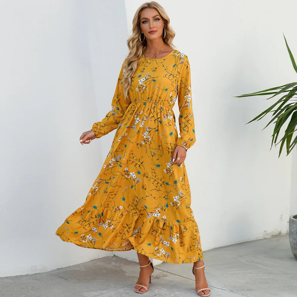 Bohemian Floral Maxi Dress – High Waist Chiffon Look