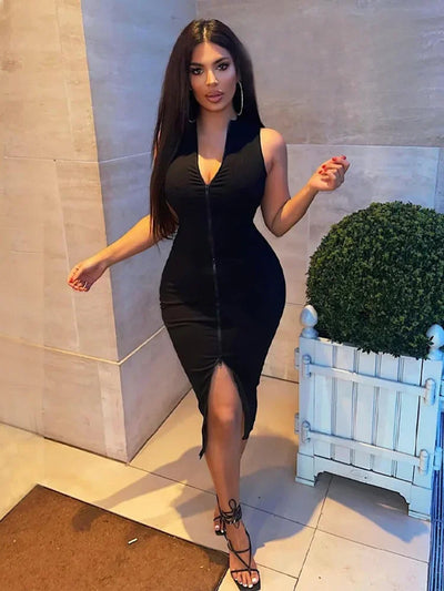 Sleeveless Black Bodycon Dress – Zipper Streetwear Summer Style