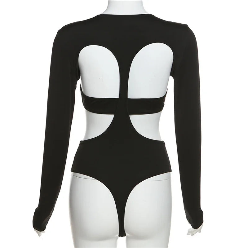 Cut-Out Bodysuit – Sexy Long Sleeve Skinny Fit in Black