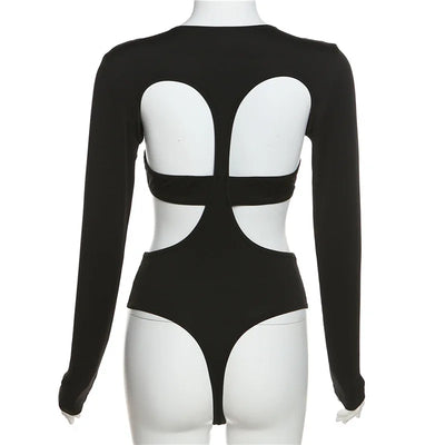 Cut-Out Bodysuit – Sexy Long Sleeve Skinny Fit in Black
