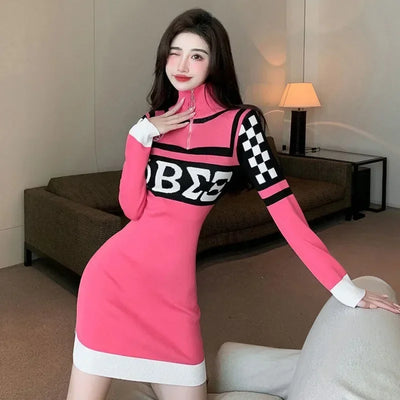 Sexy Crochet Bodycon Dress – Knitted Y2K Long Sleeve Look