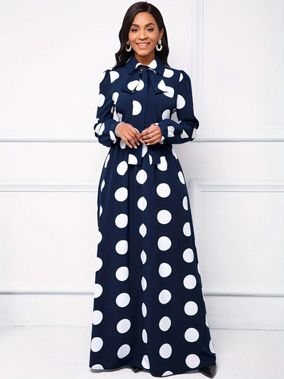 Polka Dot Maxi Dress – Elegant Bow Tie Casual Style