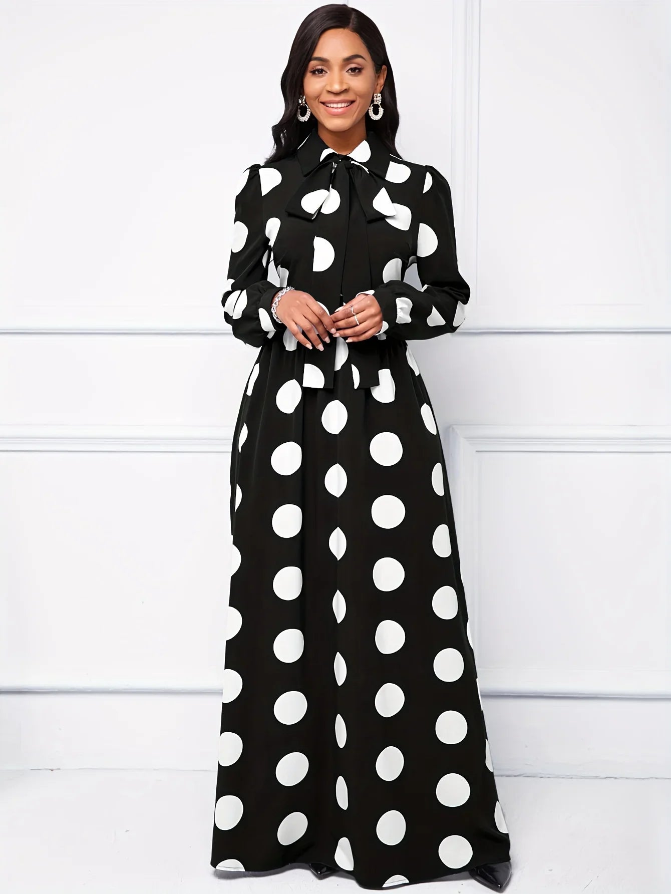 Polka Dot Maxi Dress – Elegant Bow Tie Casual Style