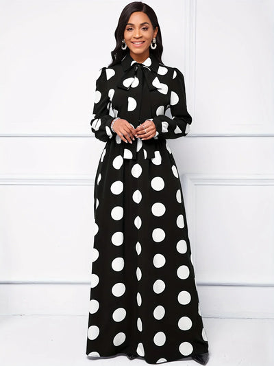 Polka Dot Maxi Dress – Elegant Bow Tie Casual Style
