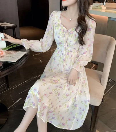 Chiffon Splice Midi Dress – Loose Fit Korean Style 2025