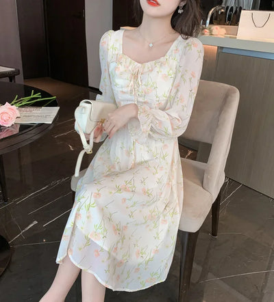 Chiffon Splice Midi Dress – Loose Fit Korean Style 2025