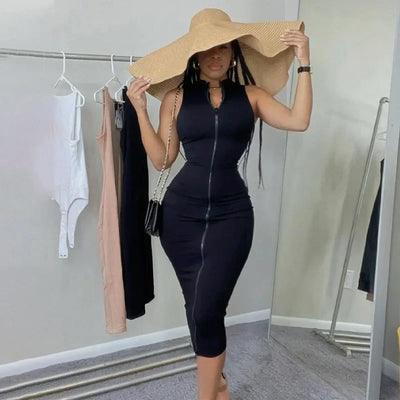 Sleeveless Black Bodycon Dress – Zipper Streetwear Summer Style