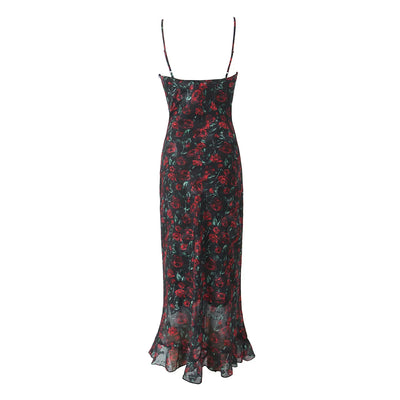 Vintage Floral Bodycon Midi Dress – Black Tie Front (Summer 2025)
