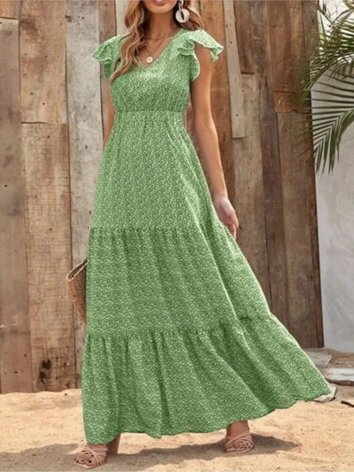 Printed V-Neck Split Dress – Summer High Waist Style