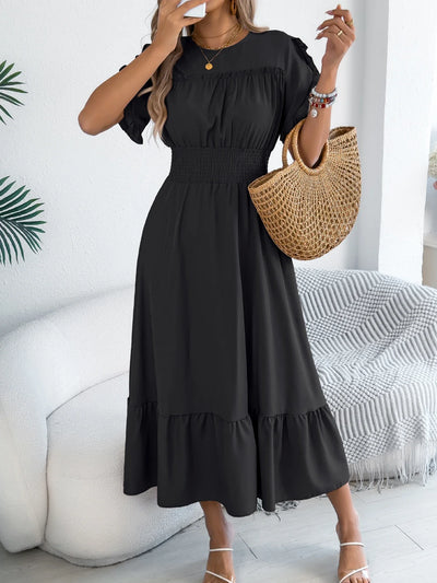 Ruffle Maxi Dress – Cinched Waist Elegant Spring Look