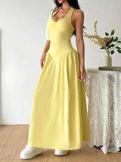 Backless Halter Maxi Dress – Solid Color V-Neck Slim Fit for Summer