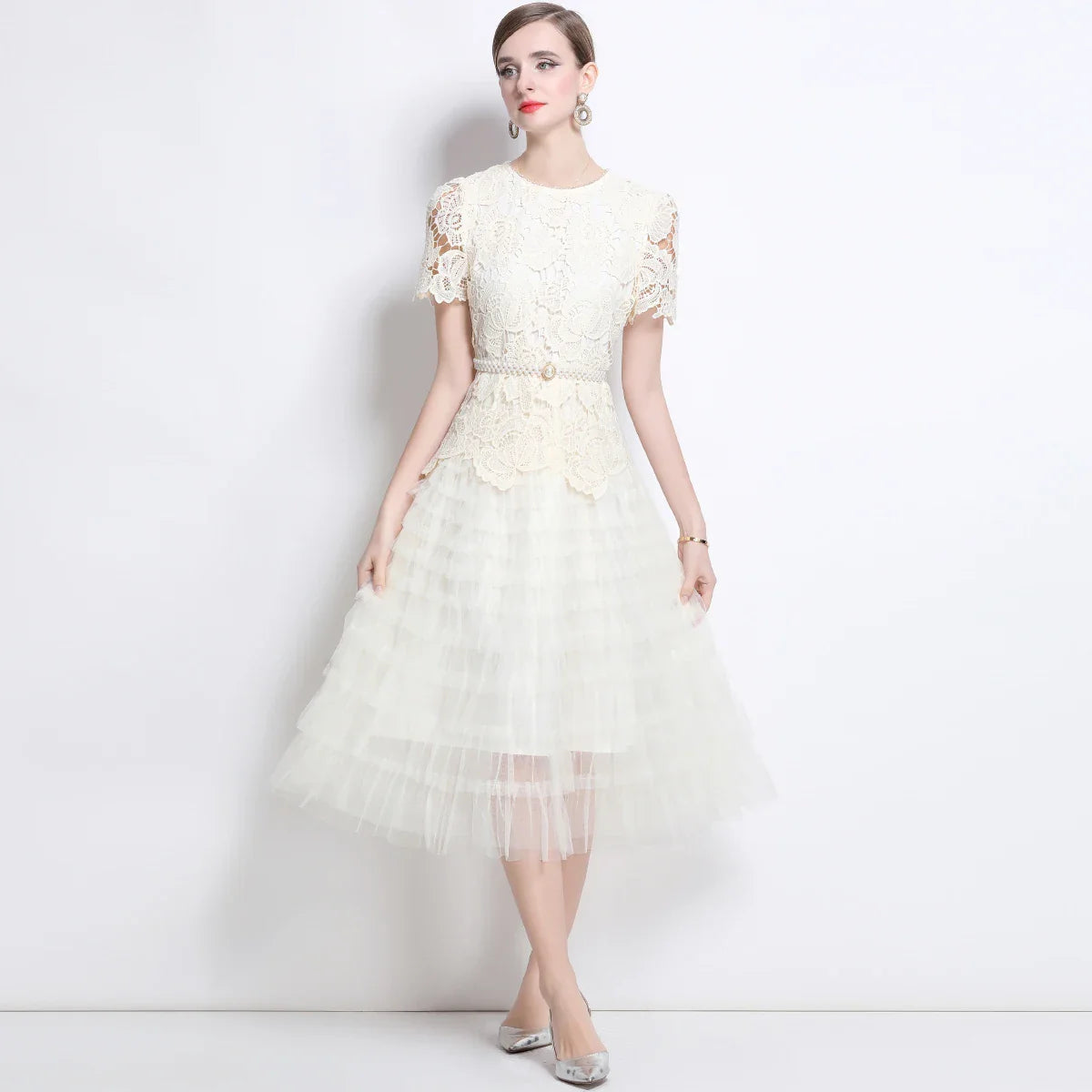 Luxury Lace Embroidered Midi Dress – A-Line Party Style 2025