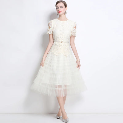 Luxury Lace Embroidered Midi Dress – A-Line Party Style 2025