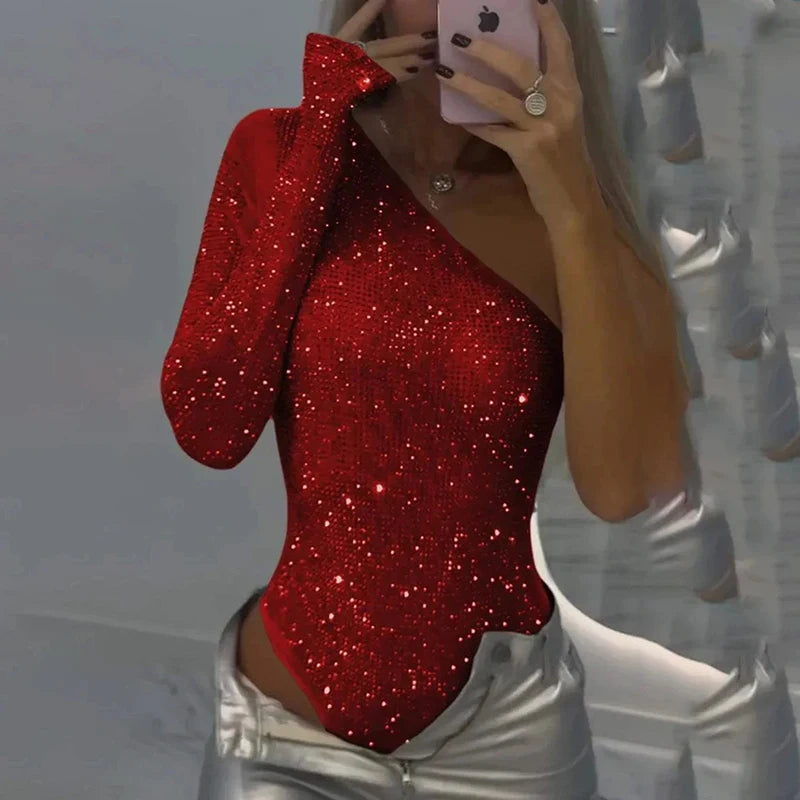 Sequined Asymmetrical Off Shoulder Bodysuit