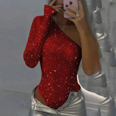 Sequined Asymmetrical Off Shoulder Bodysuit